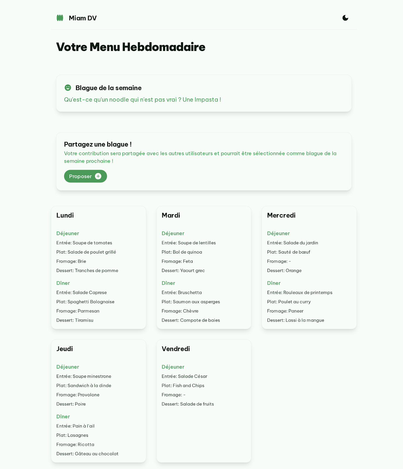 Capture du projet Miam DV · Menu de la semaine